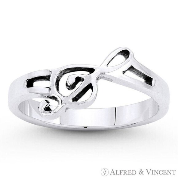G-Clef Musical Symbol Charm Right-Hand Ring in .925 Sterling Silver - Size 6 - Picture 1 of 1